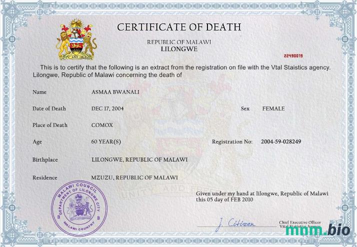 Malawi śmierć certyfikat